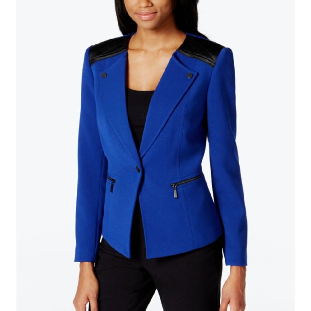 Tahari Arthur S. Levine Ronald Blue Black Faux Leather Trim Jacket, Size 8